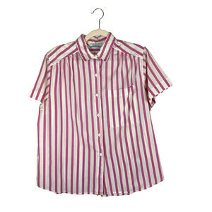 Vtg 80s Button Top Sz L Favorites Short Sleeve Striped White Pink 90s Boxy Fit